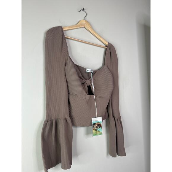 NEW NWT Self Portrait Ribbed Knit Bow Bust Flared Sleeve Cut Out Top Brown - Picture 3 of 10